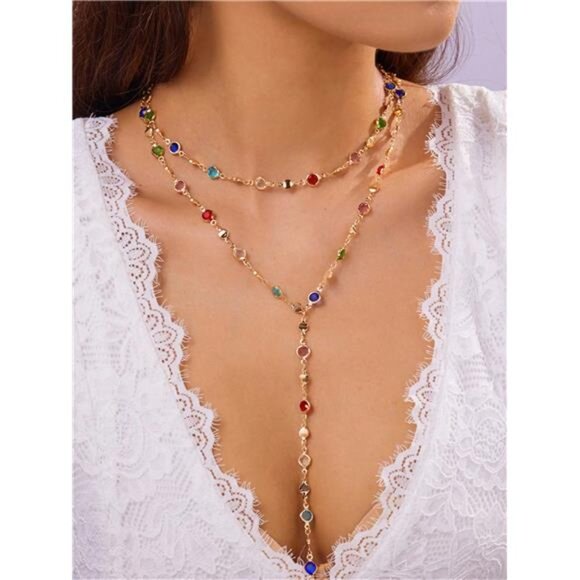 Layered Multi-Color Cubic Zirconia Gold Tone Necklace - Picture 1 of 3